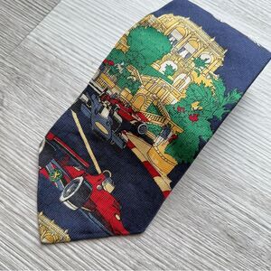 Tommy Hilfiger Vintage Navy Blue Racing Scene Silk Neck Tie